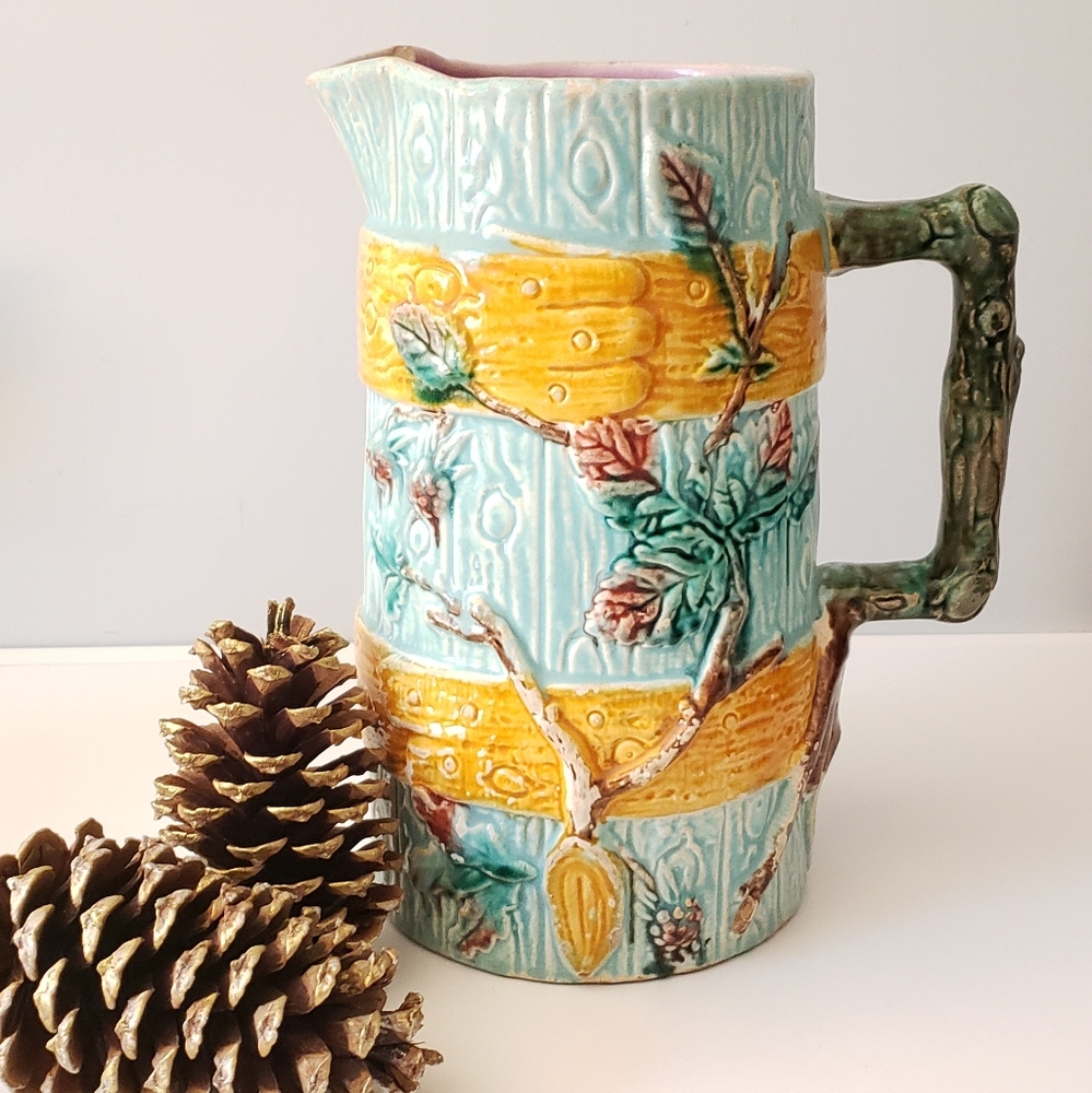 19th Century Antique Mojolica water lemonade Pitcher Aqua Blue Leaf Bark Design